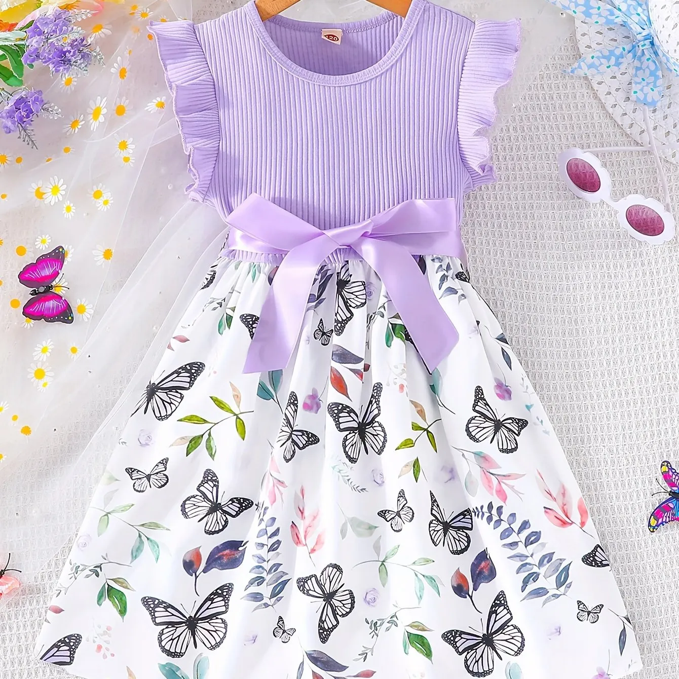 Girls Fluttery Butterfly Print Spliced Ruffle Sleeveless Midi Dress - Casual Summer Vacation Style - Perfect Holiday Gift