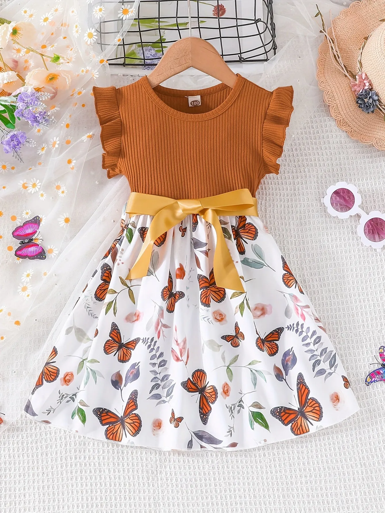 Girls Fluttery Butterfly Print Spliced Ruffle Sleeveless Midi Dress - Casual Summer Vacation Style - Perfect Holiday Gift