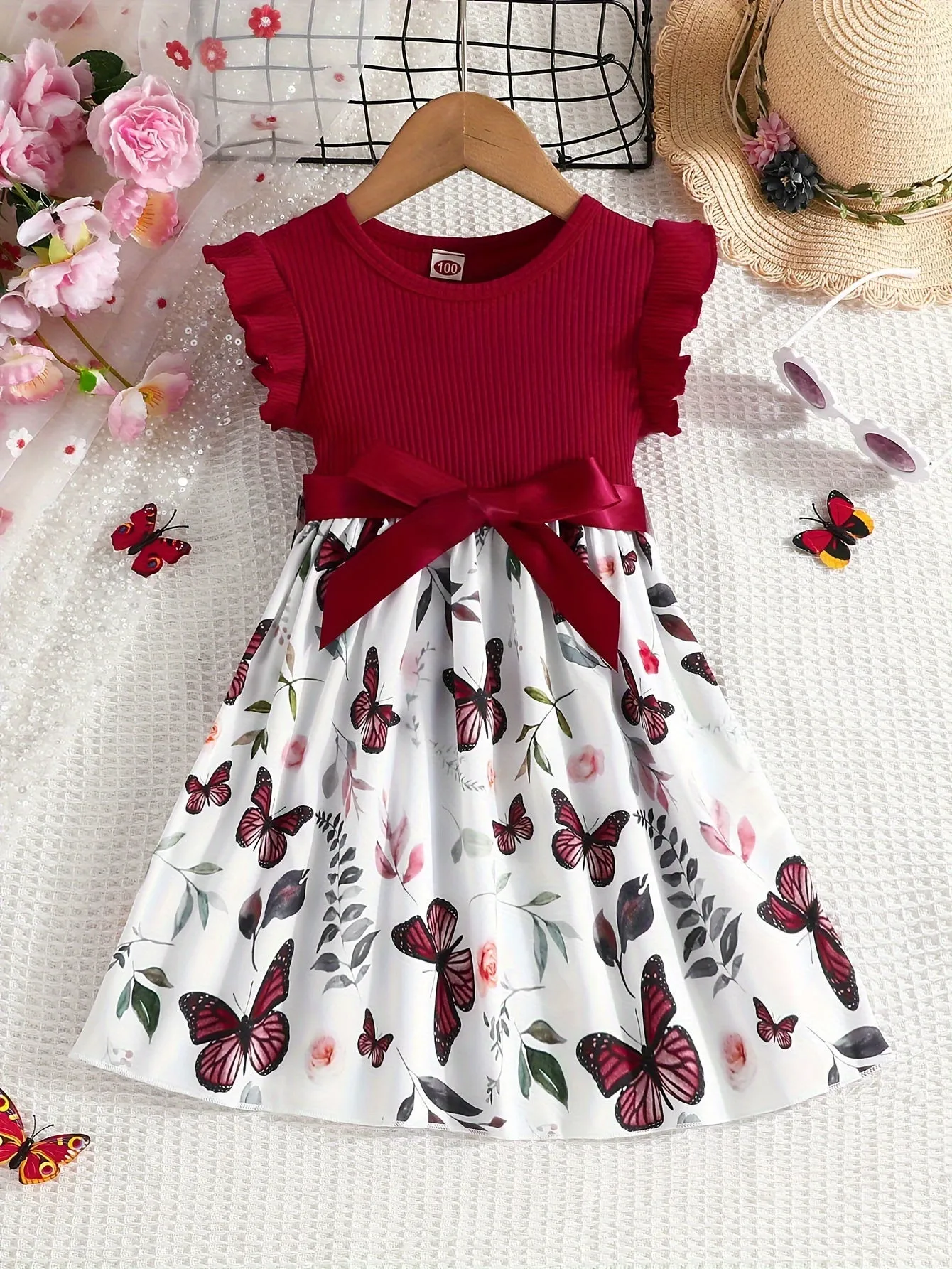 Girls Fluttery Butterfly Print Spliced Ruffle Sleeveless Midi Dress - Casual Summer Vacation Style - Perfect Holiday Gift