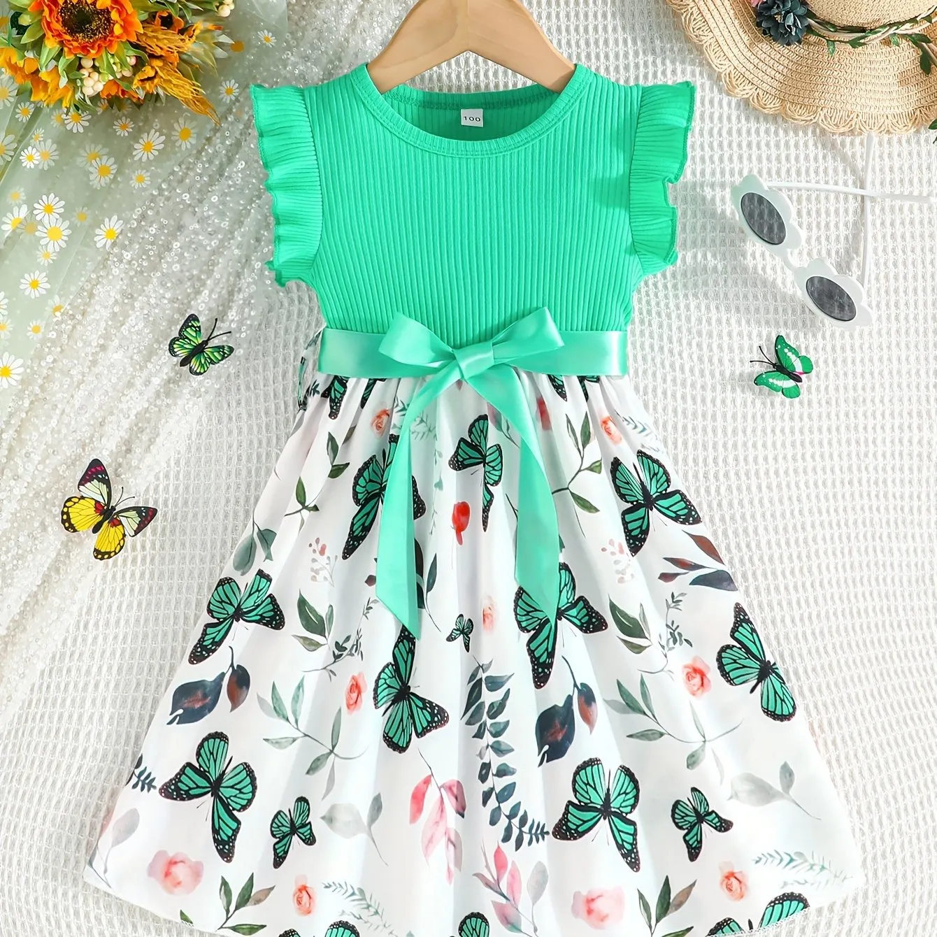 Girls Fluttery Butterfly Print Spliced Ruffle Sleeveless Midi Dress - Casual Summer Vacation Style - Perfect Holiday Gift