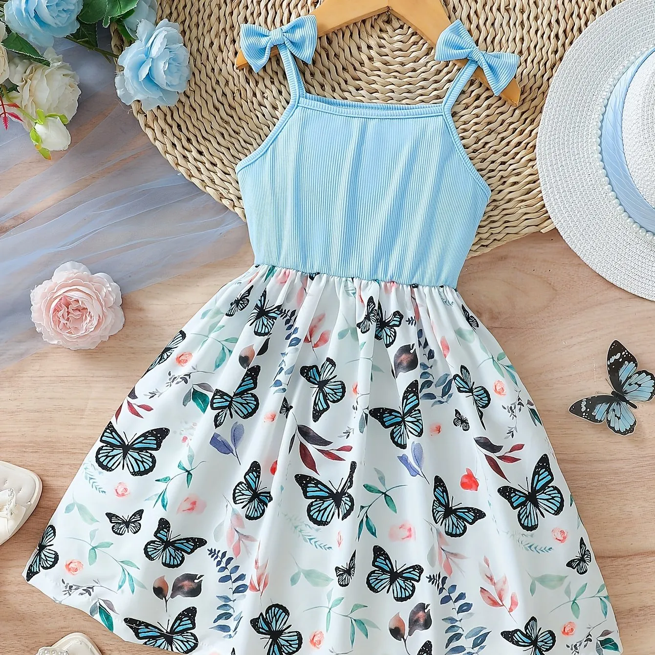Girls Sleeveless Butterfly Flutter Dress - Adorable A-line for Summer Parties & Playful Days