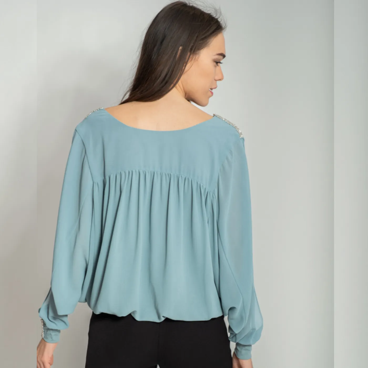 Goa Goa Chiffon Embellished Blouse with Cut Out Sleeves | Aquamarine