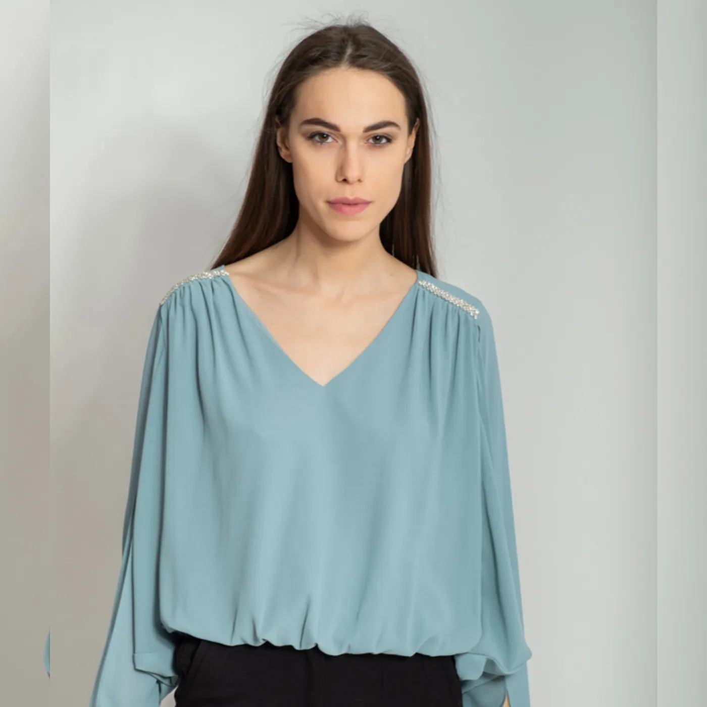 Goa Goa Chiffon Embellished Blouse with Cut Out Sleeves | Aquamarine