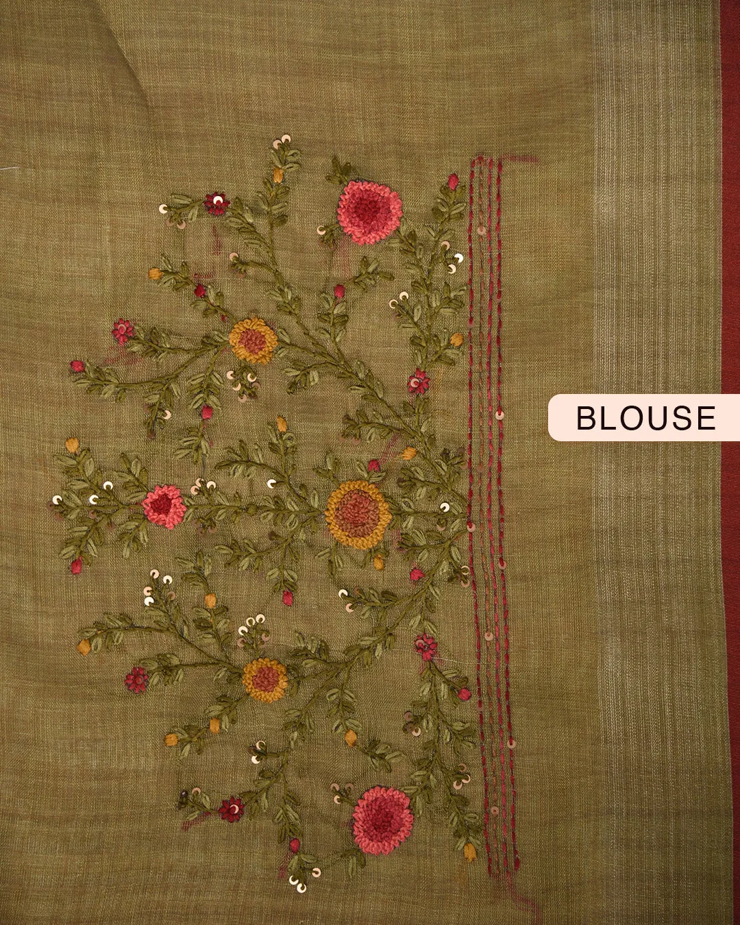 Green Linen Silk Blend Embroidered Saree With Linen Silk Embroidered Blouse