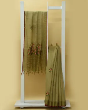 Green Linen Silk Blend Embroidered Saree With Linen Silk Embroidered Blouse