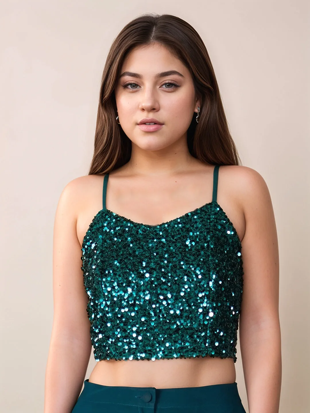 Green Sequinned Sleeveless Crop Top