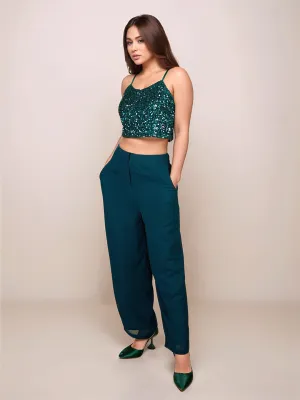 Green Sequinned Sleeveless Crop Top