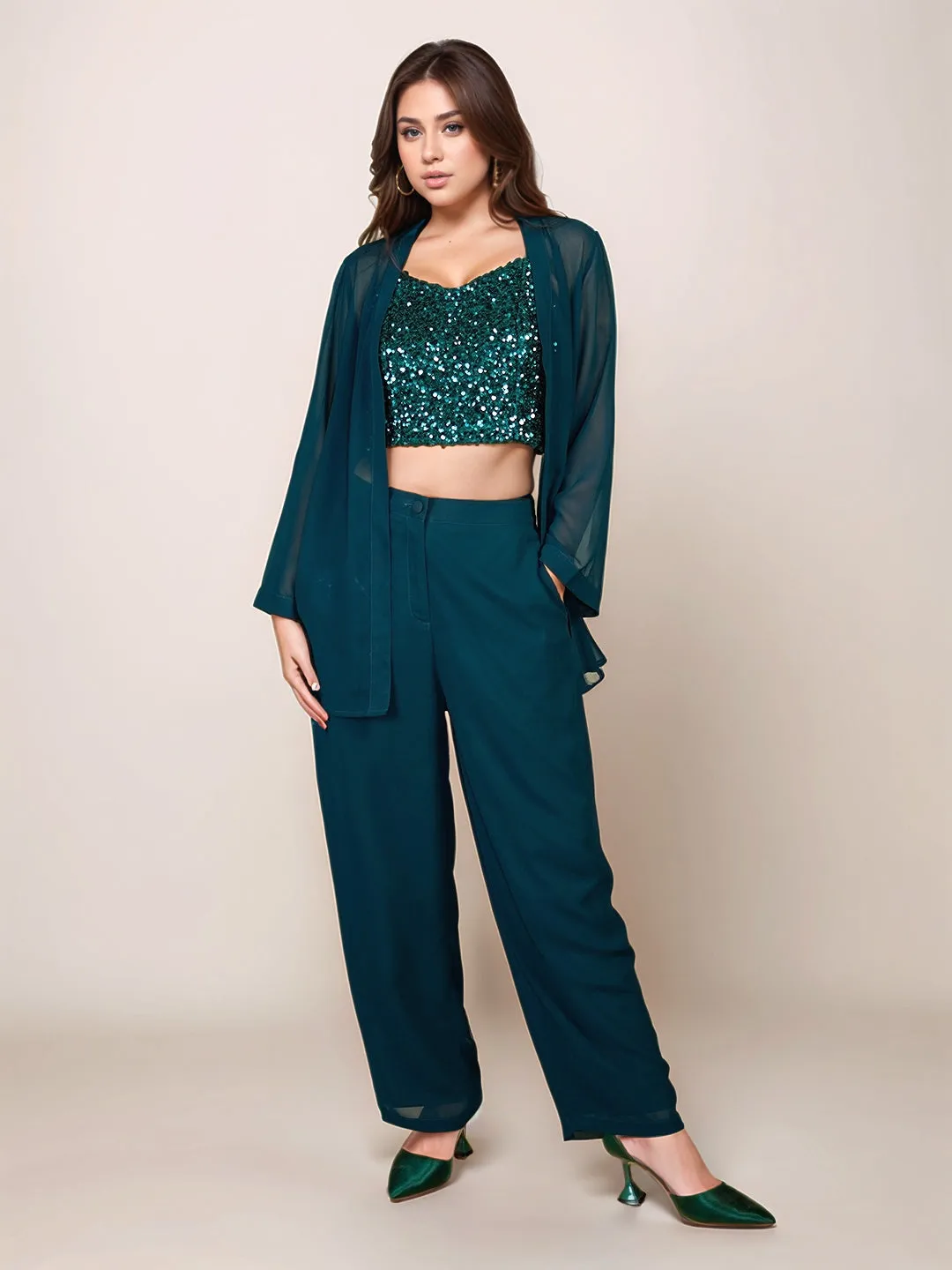 Green Sequinned Sleeveless Crop Top
