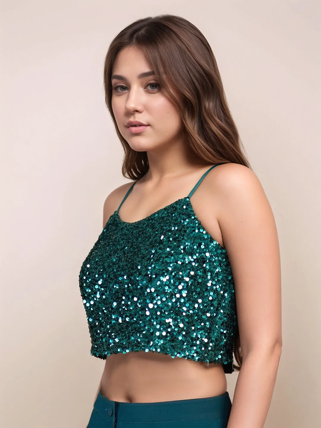 Green Sequinned Sleeveless Crop Top