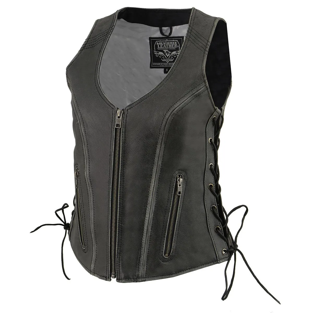 Grey MLL4531 Women's Distress Grey Leather Open V-Neck Side Lace Stitching Detail Motorcycle Rider Vest