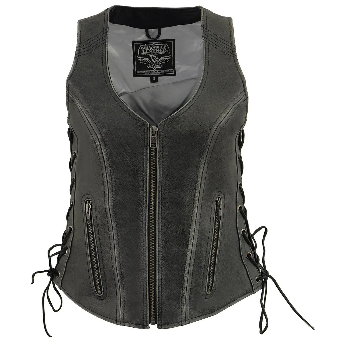 Grey MLL4531 Women's Distress Grey Leather Open V-Neck Side Lace Stitching Detail Motorcycle Rider Vest