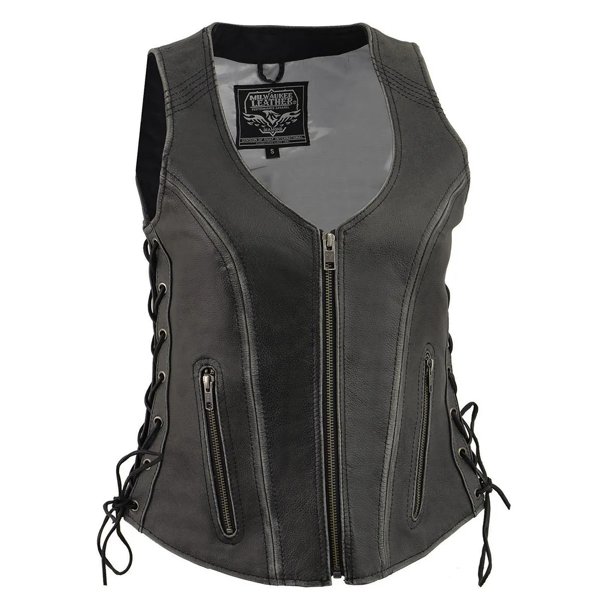Grey MLL4531 Women's Distress Grey Leather Open V-Neck Side Lace Stitching Detail Motorcycle Rider Vest