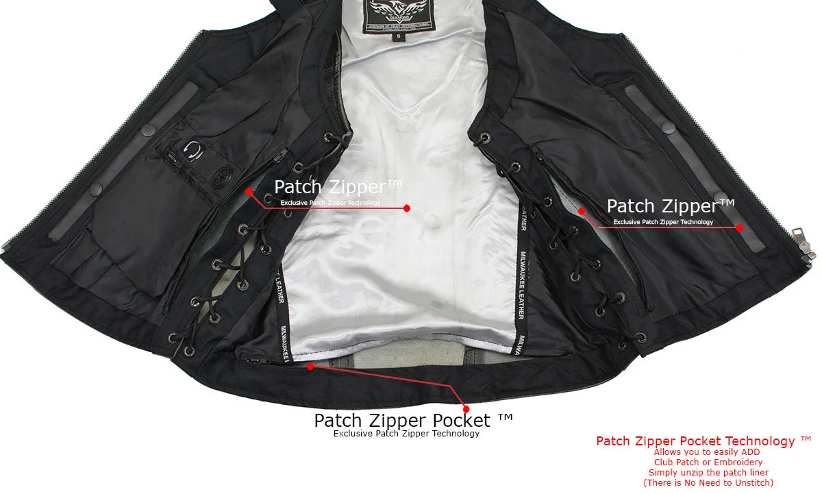 Grey MLL4531 Women's Distress Grey Leather Open V-Neck Side Lace Stitching Detail Motorcycle Rider Vest