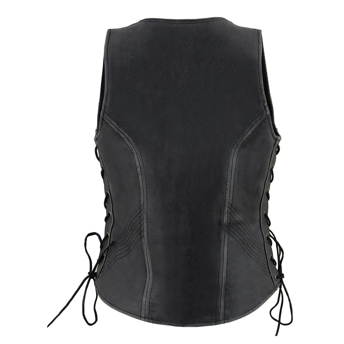 Grey MLL4531 Women's Distress Grey Leather Open V-Neck Side Lace Stitching Detail Motorcycle Rider Vest