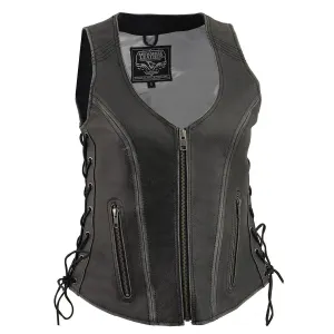 Grey MLL4531 Women's Distress Grey Leather Open V-Neck Side Lace Stitching Detail Motorcycle Rider Vest