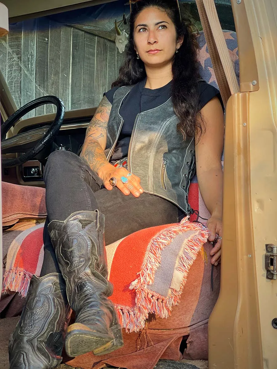 Grey MLL4531 Women's Distress Grey Leather Open V-Neck Side Lace Stitching Detail Motorcycle Rider Vest