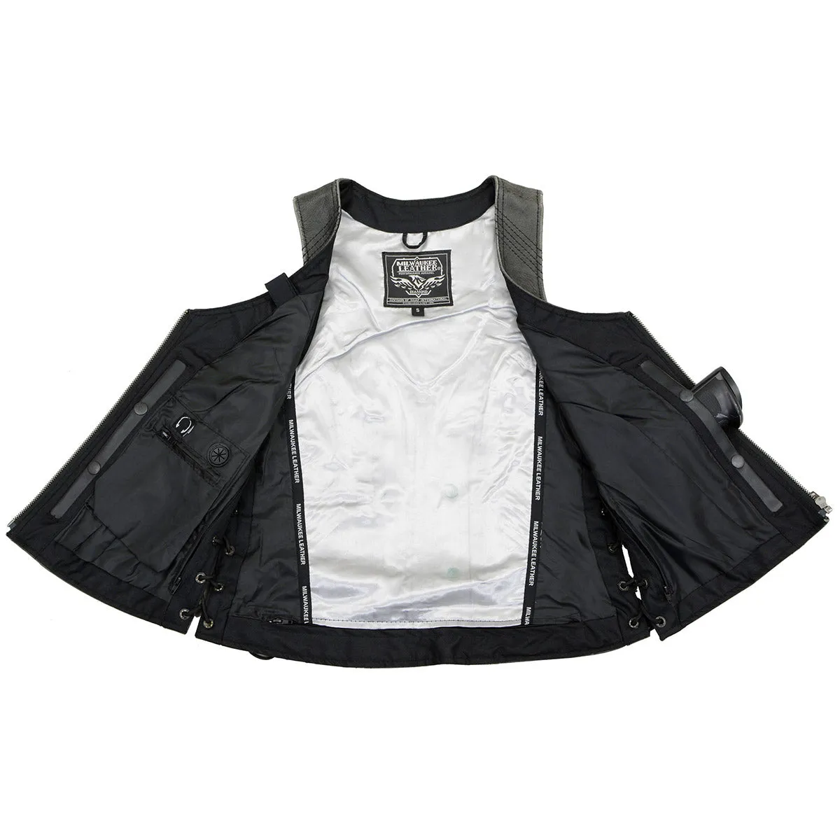 Grey MLL4531 Women's Distress Grey Leather Open V-Neck Side Lace Stitching Detail Motorcycle Rider Vest