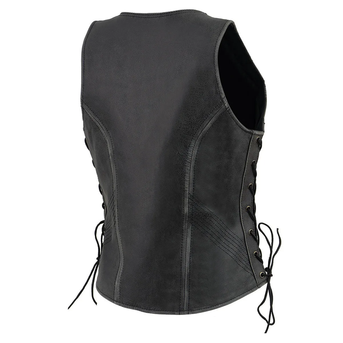 Grey MLL4531 Women's Distress Grey Leather Open V-Neck Side Lace Stitching Detail Motorcycle Rider Vest
