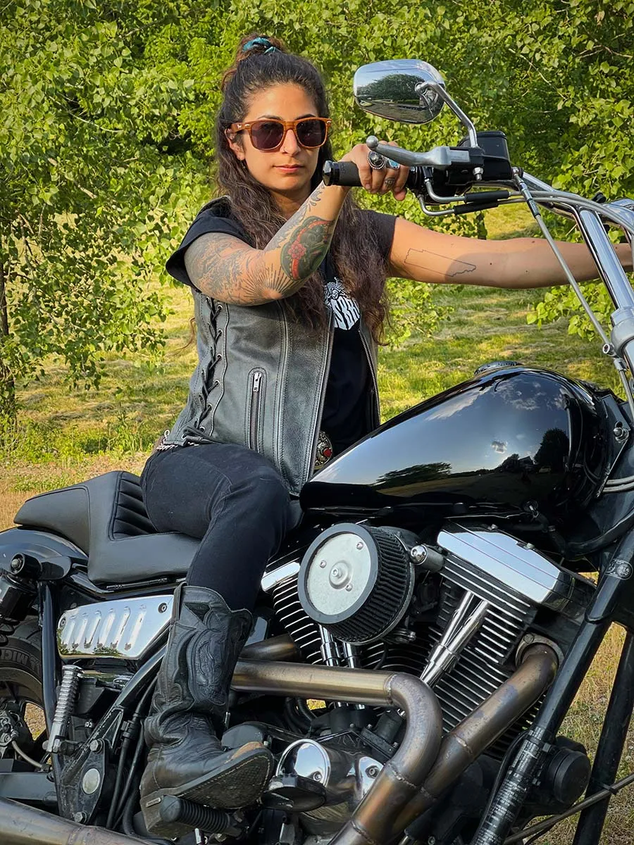 Grey MLL4531 Women's Distress Grey Leather Open V-Neck Side Lace Stitching Detail Motorcycle Rider Vest