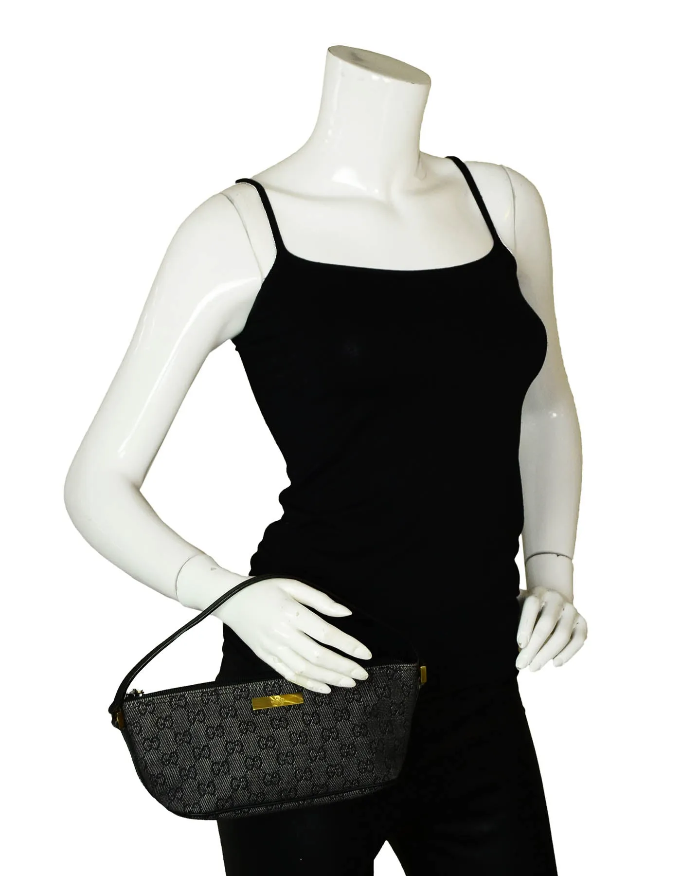 Gucci Vintage Black Denim Monogram Baguette Bag