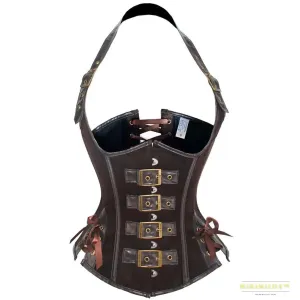 Handcrafted Brown Steampunk Corset Top - Vintage Victorian Gothic PU Leather Halter Bustier with Lace-Up Slimming Waist Belt