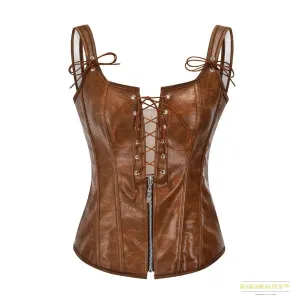 Handmade Brown Leather Steampunk Corset Vest - Vintage Gothic Lace-Up, Zippered Overbust Bustier Top