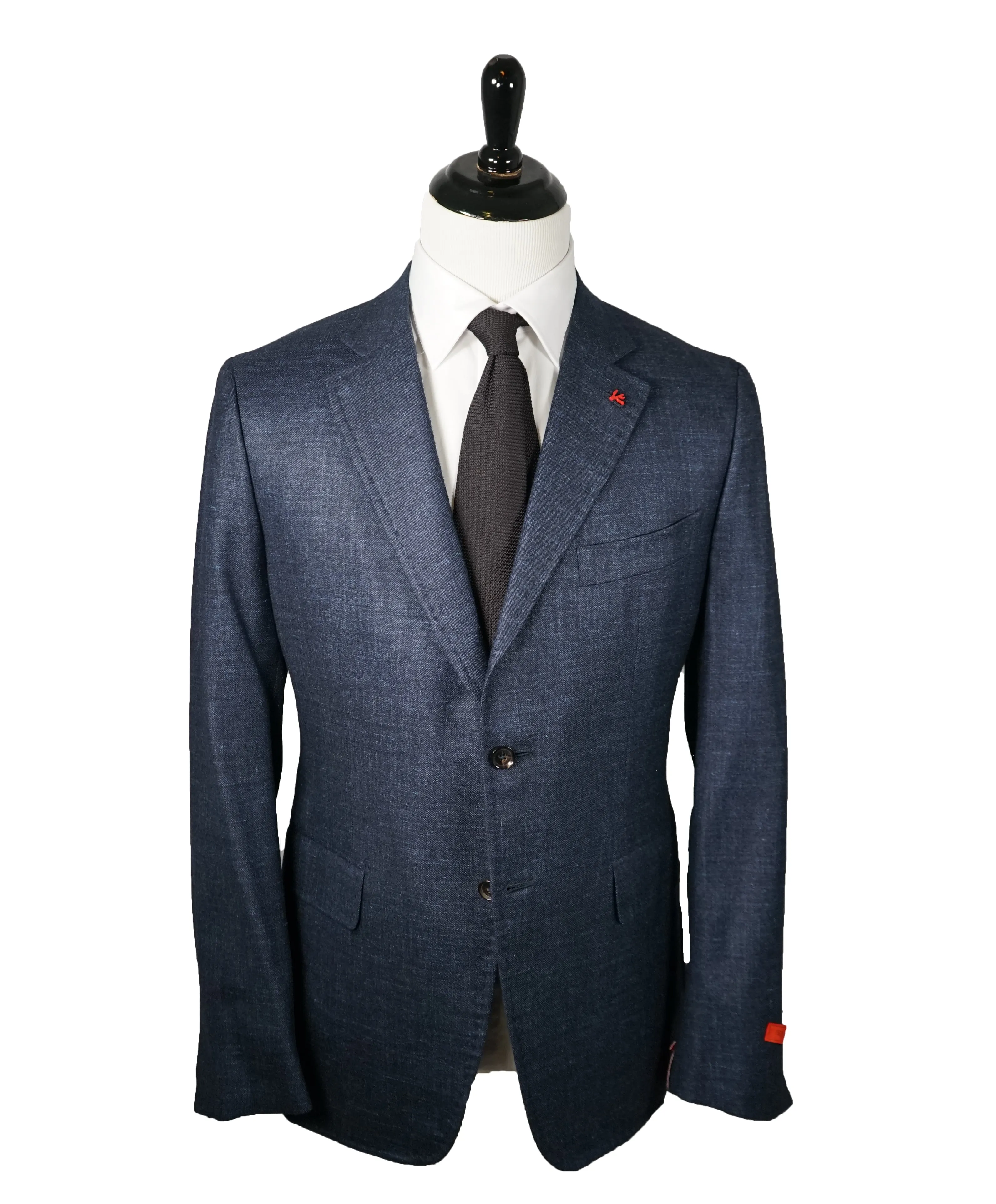 ISAIA - Cashmere Wool blend Melange Medium Blue Suit LOGO COLLAR - 46R