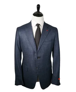 ISAIA - Cashmere Wool blend Melange Medium Blue Suit LOGO COLLAR - 46R
