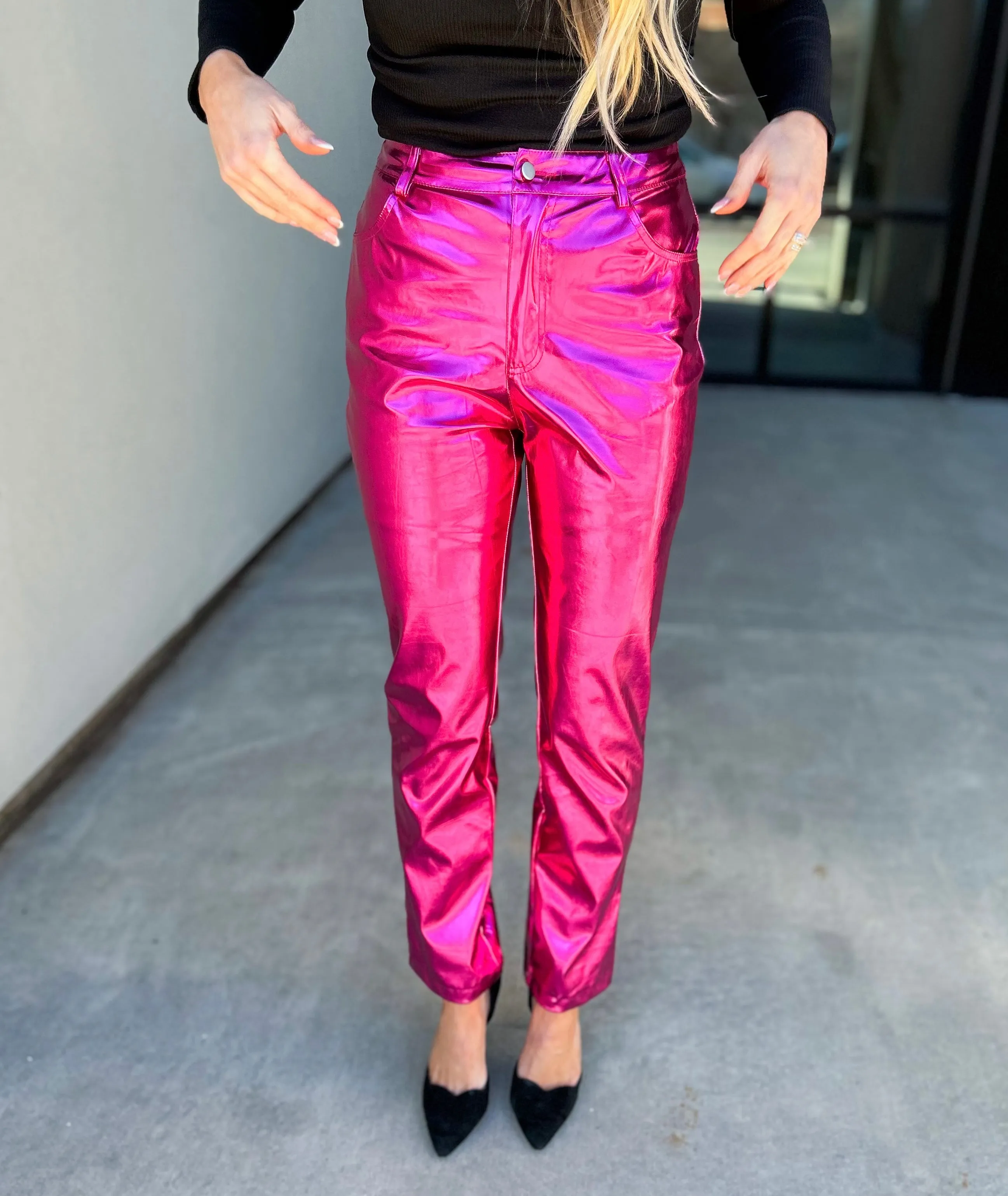 Jenner Metallic Faux Leather Straight Leg Pants