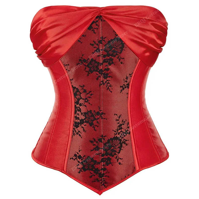 L Women's Lace Cover Overbust Corset Lace Up Boned Lingerie Zipper Side Carnival Waist and Body Shaper Bustier Plus Size