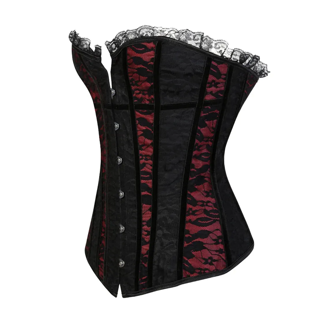 L Women's Lace Cover Overbust Corset Lace Up Boned Lingerie Zipper Side Carnival Waist and Body Shaper Bustier Plus Size