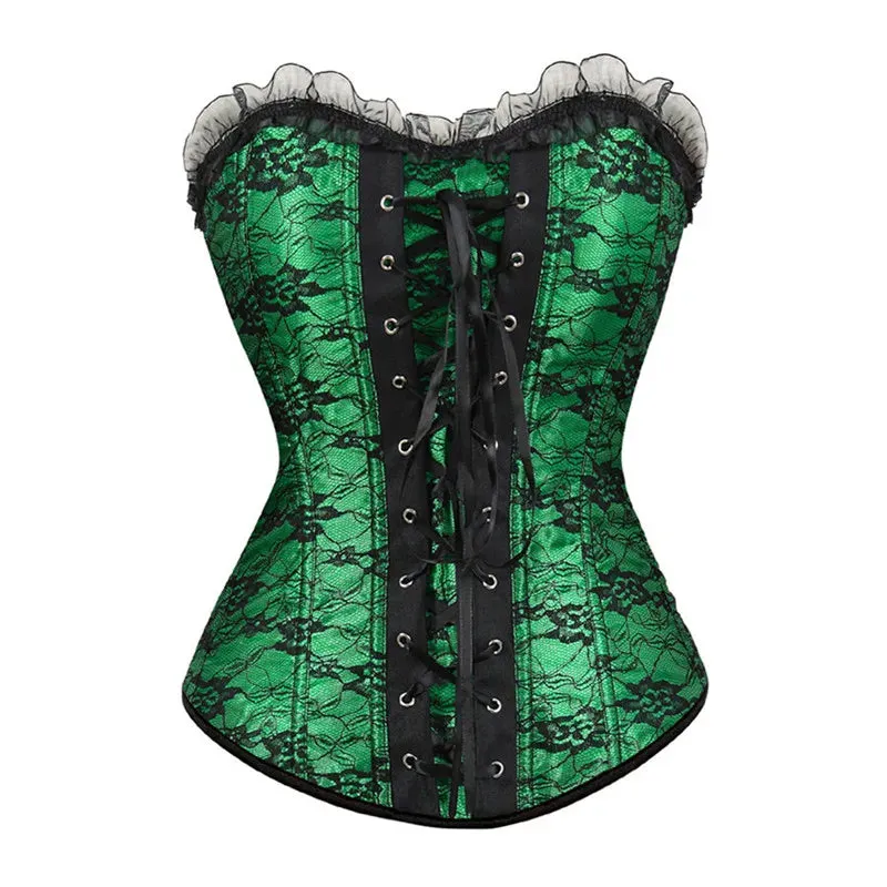 L Women's Lace Cover Overbust Corset Lace Up Boned Lingerie Zipper Side Carnival Waist and Body Shaper Bustier Plus Size