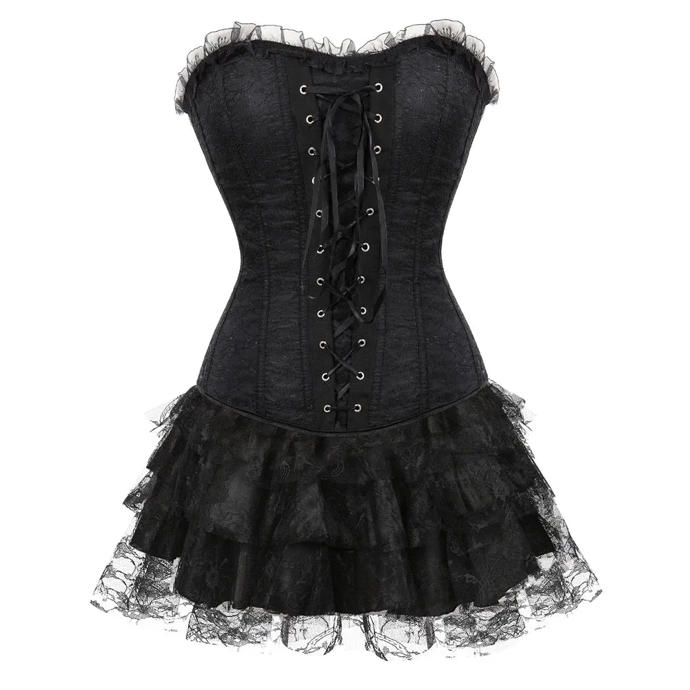 L Women's Lace Cover Overbust Corset Lace Up Boned Lingerie Zipper Side Carnival Waist and Body Shaper Bustier Plus Size