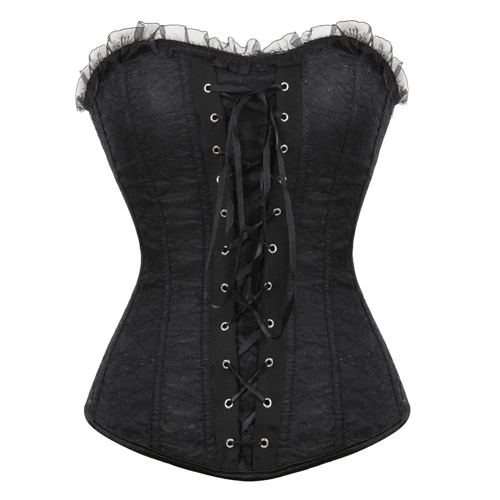 L Women's Lace Cover Overbust Corset Lace Up Boned Lingerie Zipper Side Carnival Waist and Body Shaper Bustier Plus Size