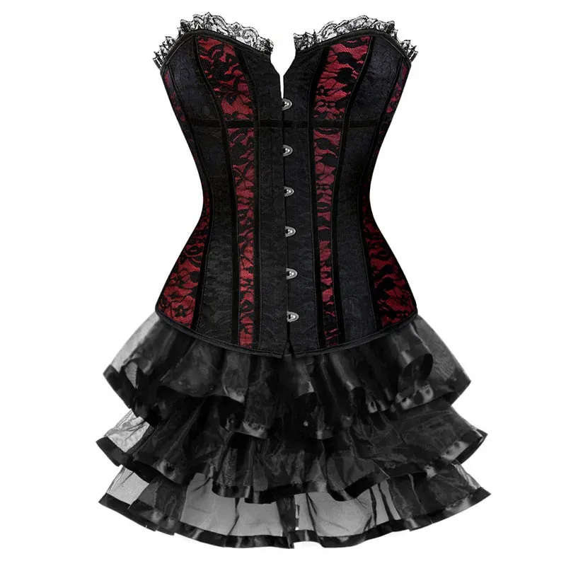L Women's Lace Cover Overbust Corset Lace Up Boned Lingerie Zipper Side Carnival Waist and Body Shaper Bustier Plus Size