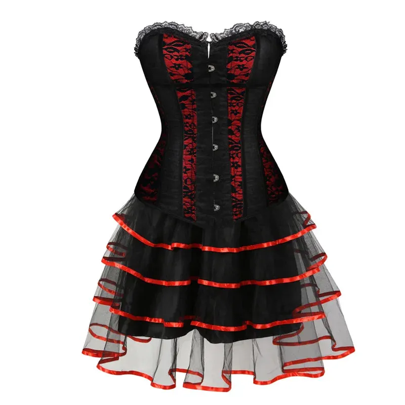 L Women's Lace Cover Overbust Corset Lace Up Boned Lingerie Zipper Side Carnival Waist and Body Shaper Bustier Plus Size