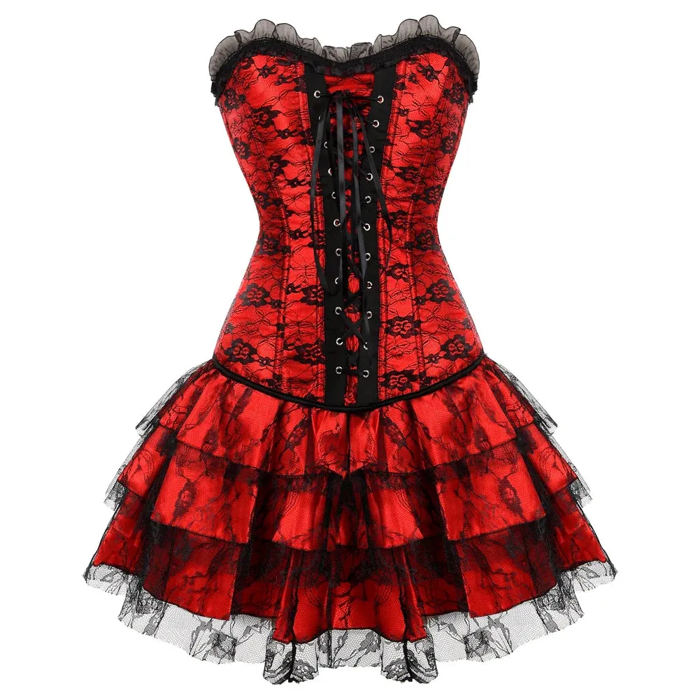 L Women's Lace Cover Overbust Corset Lace Up Boned Lingerie Zipper Side Carnival Waist and Body Shaper Bustier Plus Size