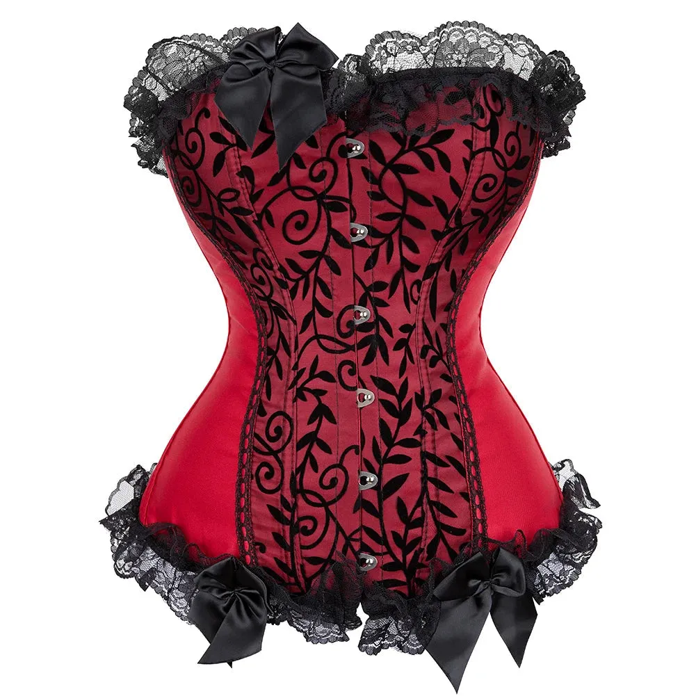 L Women's Lace Cover Overbust Corset Lace Up Boned Lingerie Zipper Side Carnival Waist and Body Shaper Bustier Plus Size