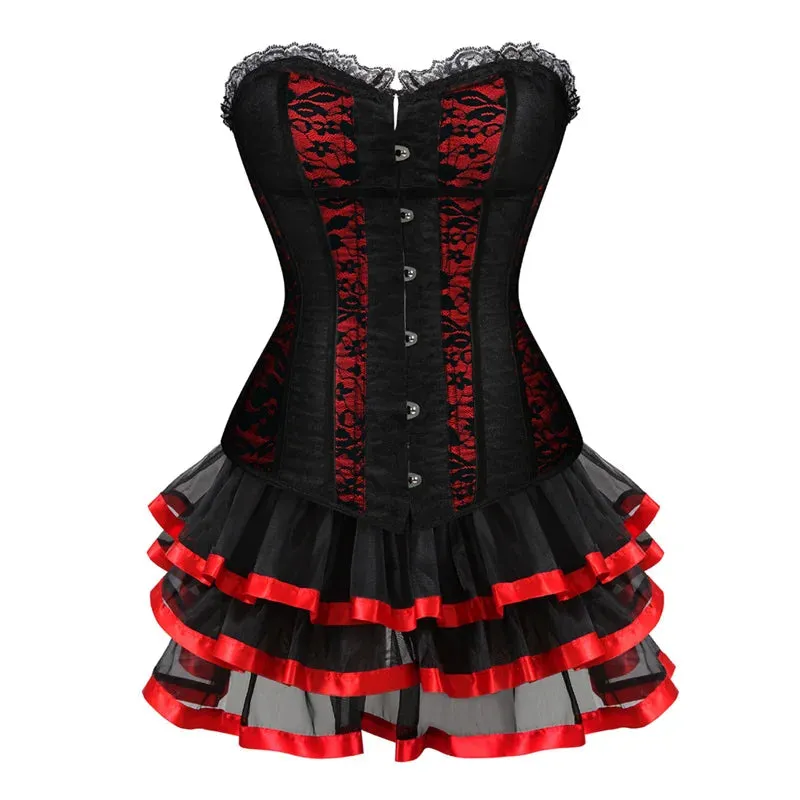 L Women's Lace Cover Overbust Corset Lace Up Boned Lingerie Zipper Side Carnival Waist and Body Shaper Bustier Plus Size
