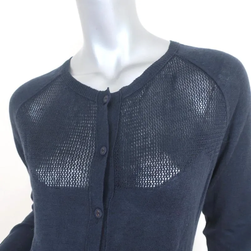 Lamberto Losani Cardigan Navy Linen-Cotton Pointelle Knit Size Medium NEW