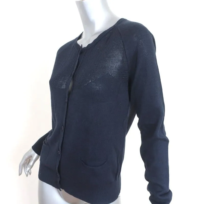 Lamberto Losani Cardigan Navy Linen-Cotton Pointelle Knit Size Medium NEW
