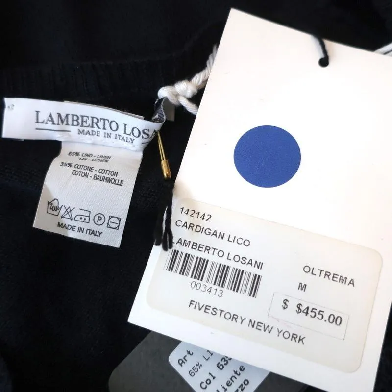 Lamberto Losani Cardigan Navy Linen-Cotton Pointelle Knit Size Medium NEW