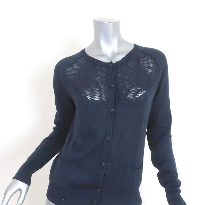 Lamberto Losani Cardigan Navy Linen-Cotton Pointelle Knit Size Medium NEW