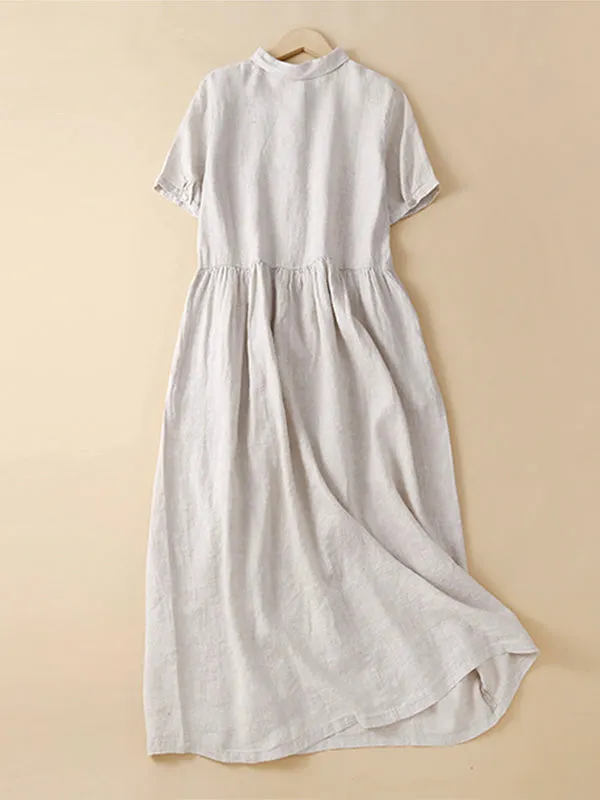 Lapels Cotton and Linen Midi Dress