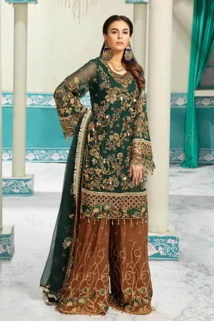 Latest chiffon embroidered girls eid outfit in green and brown color # P2473