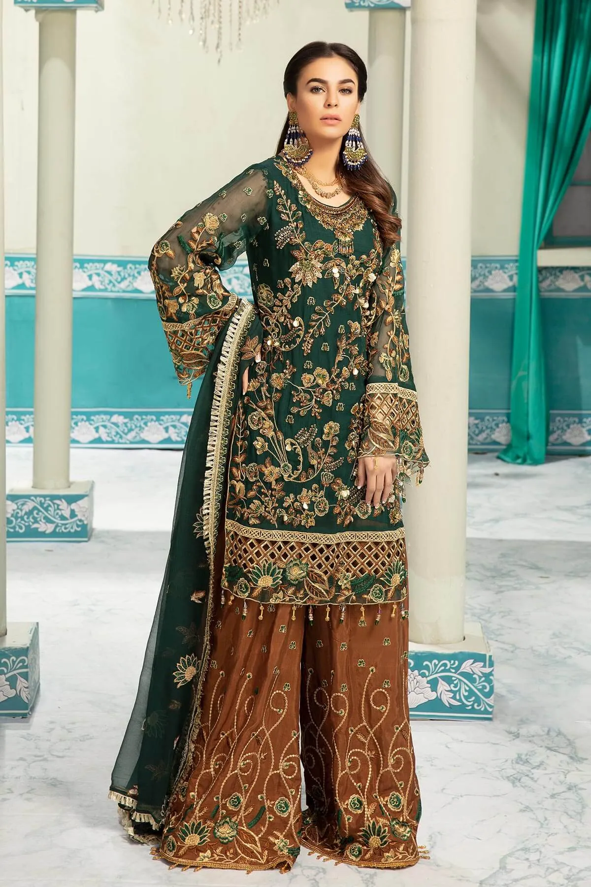 Latest chiffon embroidered girls eid outfit in green and brown color # P2473