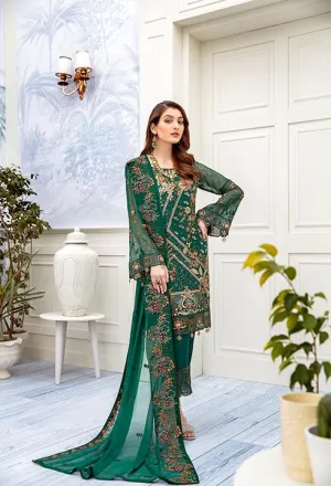 Latest embroidered Pakistani chiffon outfit online in green color # P2512