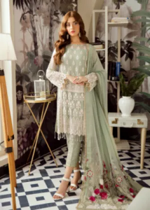 Latest Pakistani designer chiffon outfit embroidered in mint green color # P2418