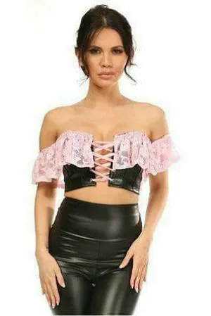 Lavish Lt Pink Lace & Faux Leather Bustier Top