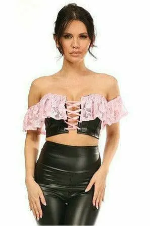 Lavish Lt Pink Lace & Faux Leather Bustier Top